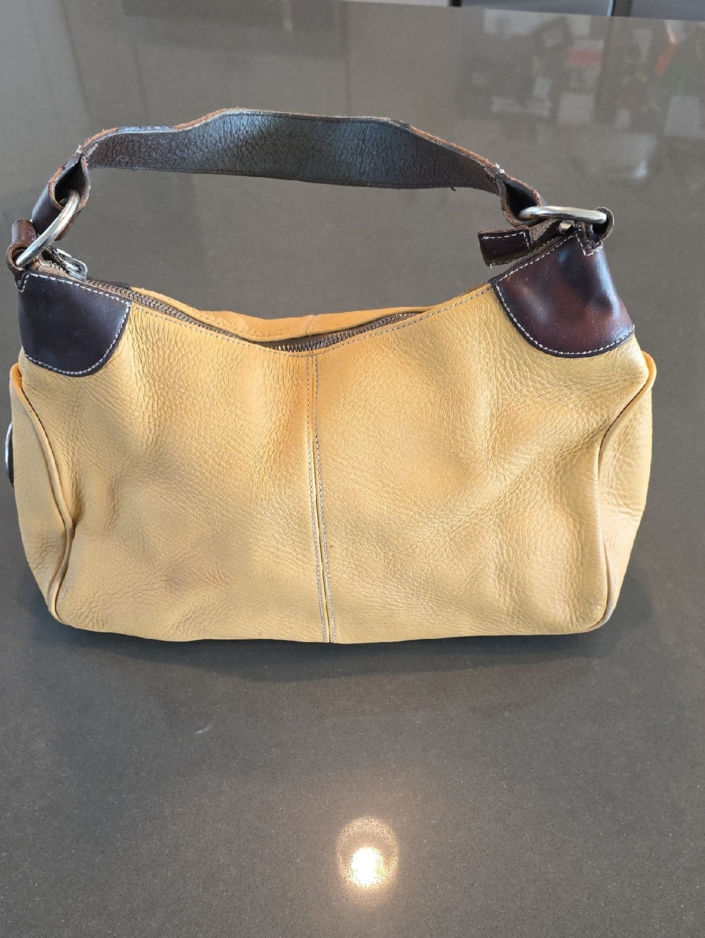 Dooney & Bourke Mustard Pebbled Leather Shoulder Bag with Dark Brown Trim